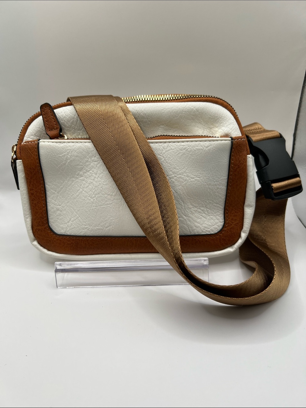 White & Brown Leather belt  Bag with Wide Strap NWOTS